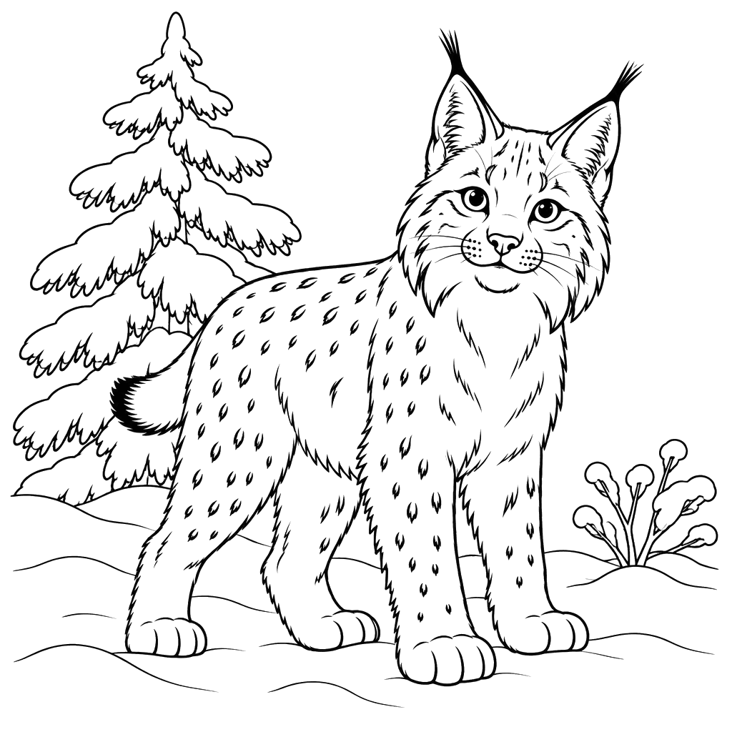 Lynx in the Snow by a Spruce Coloring Page