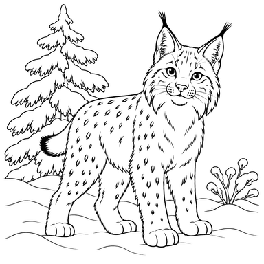 Lynx in the Snow by a Spruce Coloring Page