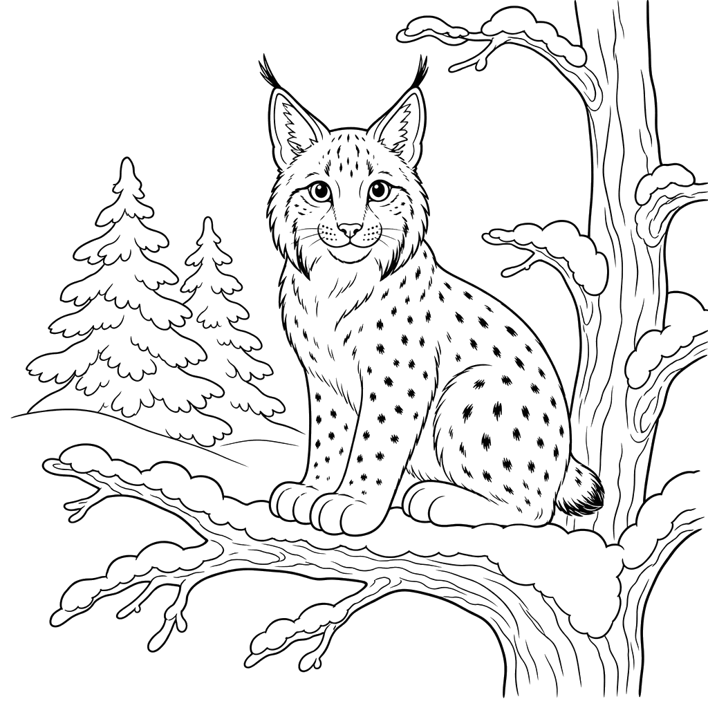 Lynx on Snowy Branch Coloring Page