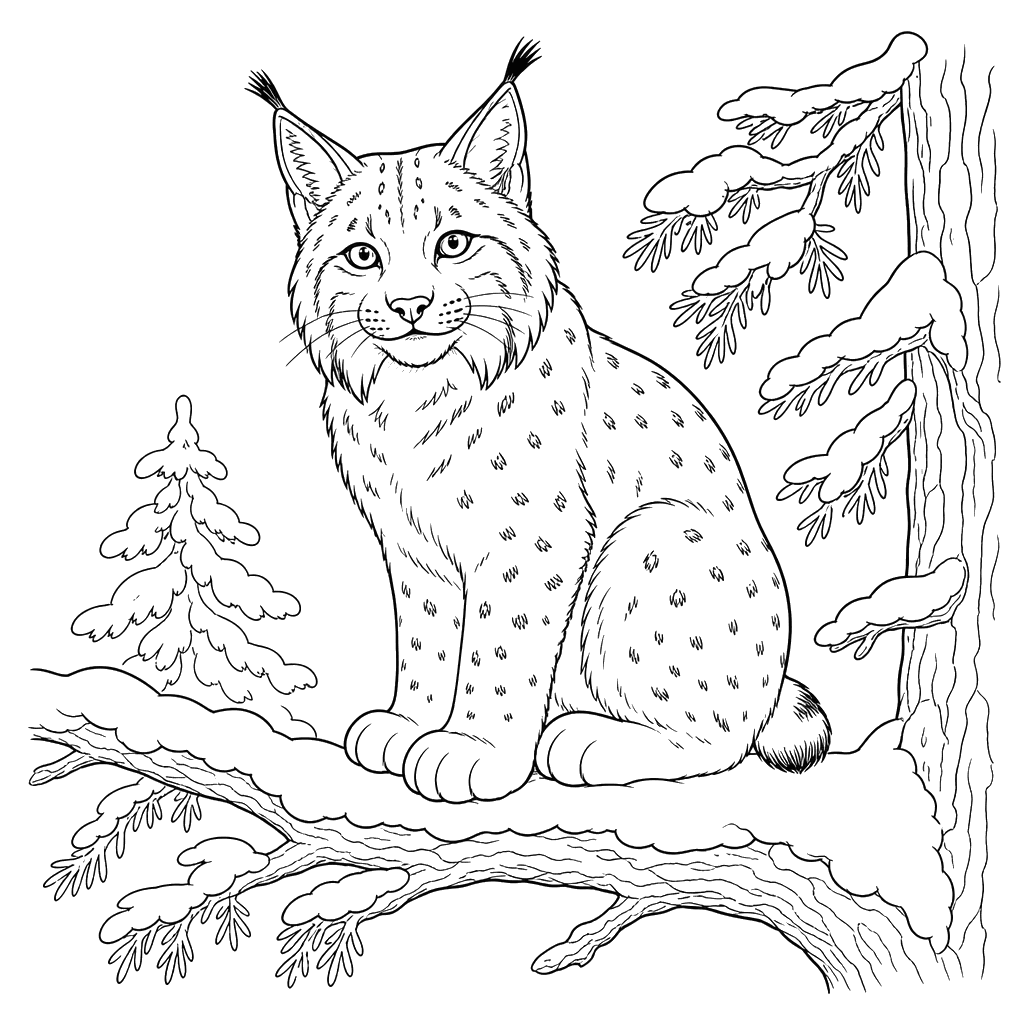 Lynx on Snowy Branch Coloring Page