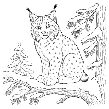 Lynx on Snowy Branch Coloring Page