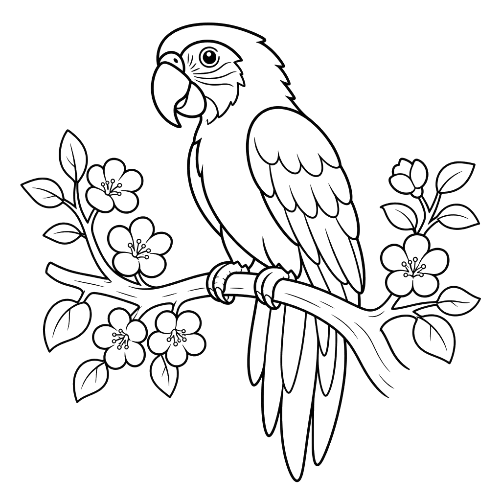 Macaw on a Flowering Branch Coloring Page