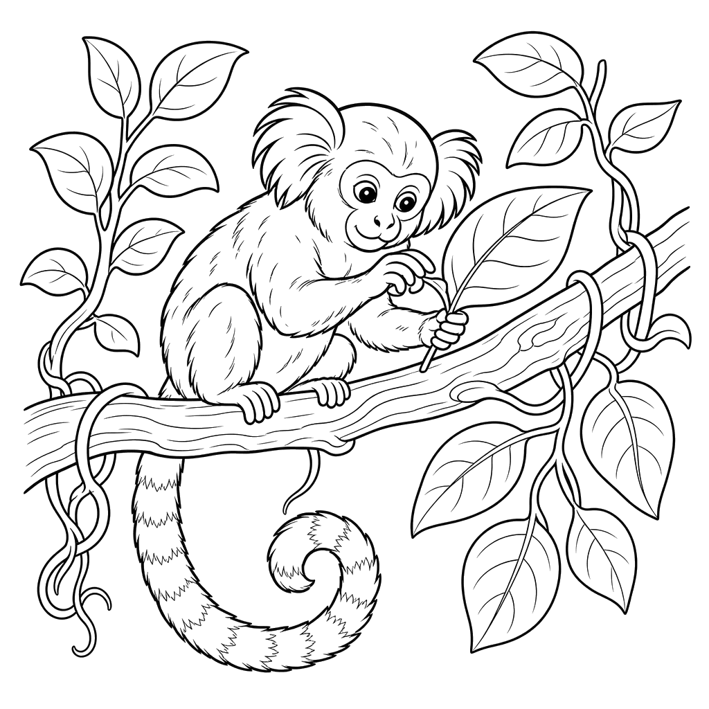 Marmoset Inspecting Leaves Coloring Page