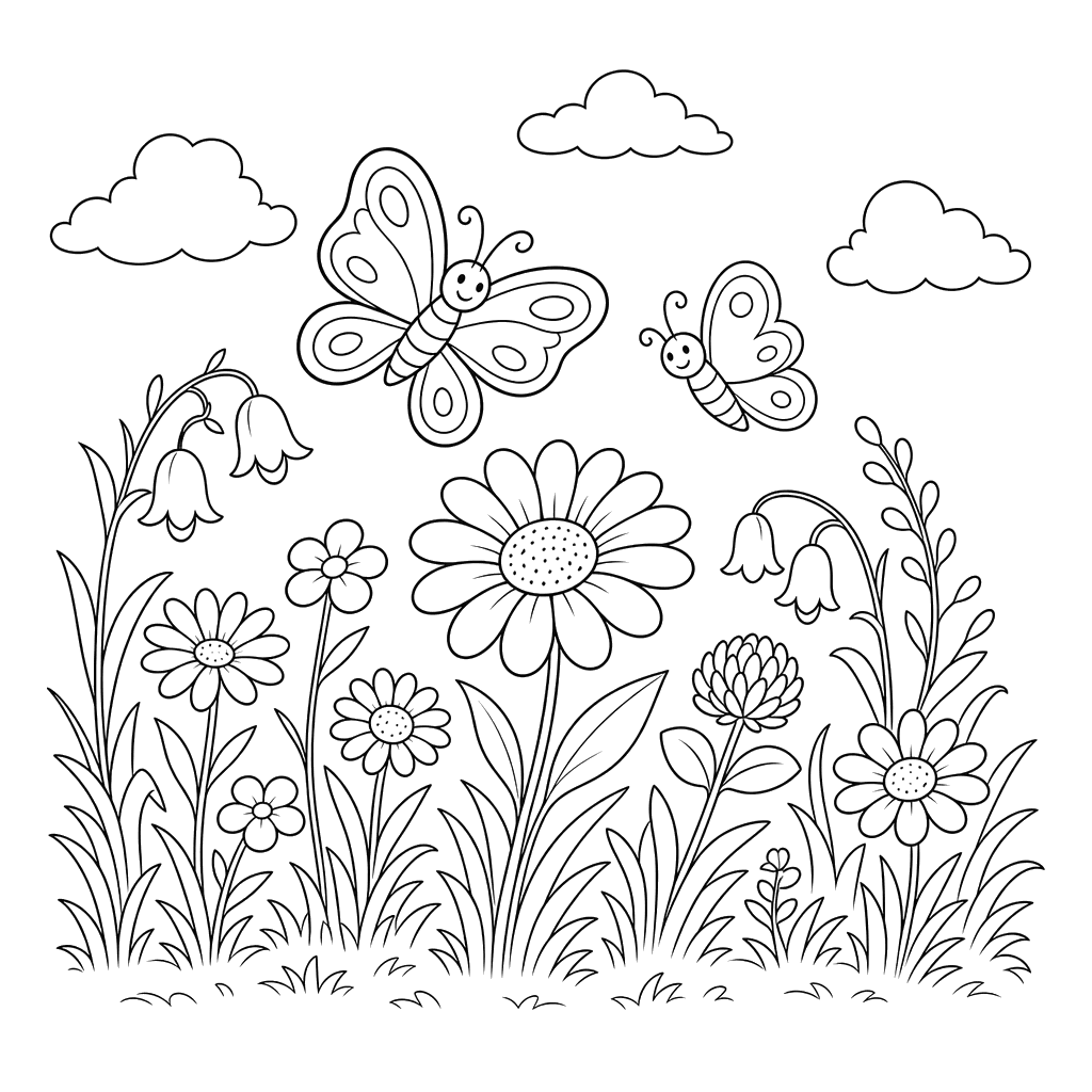 Meadow Landscape with Butterflies and Flowers Coloring Page