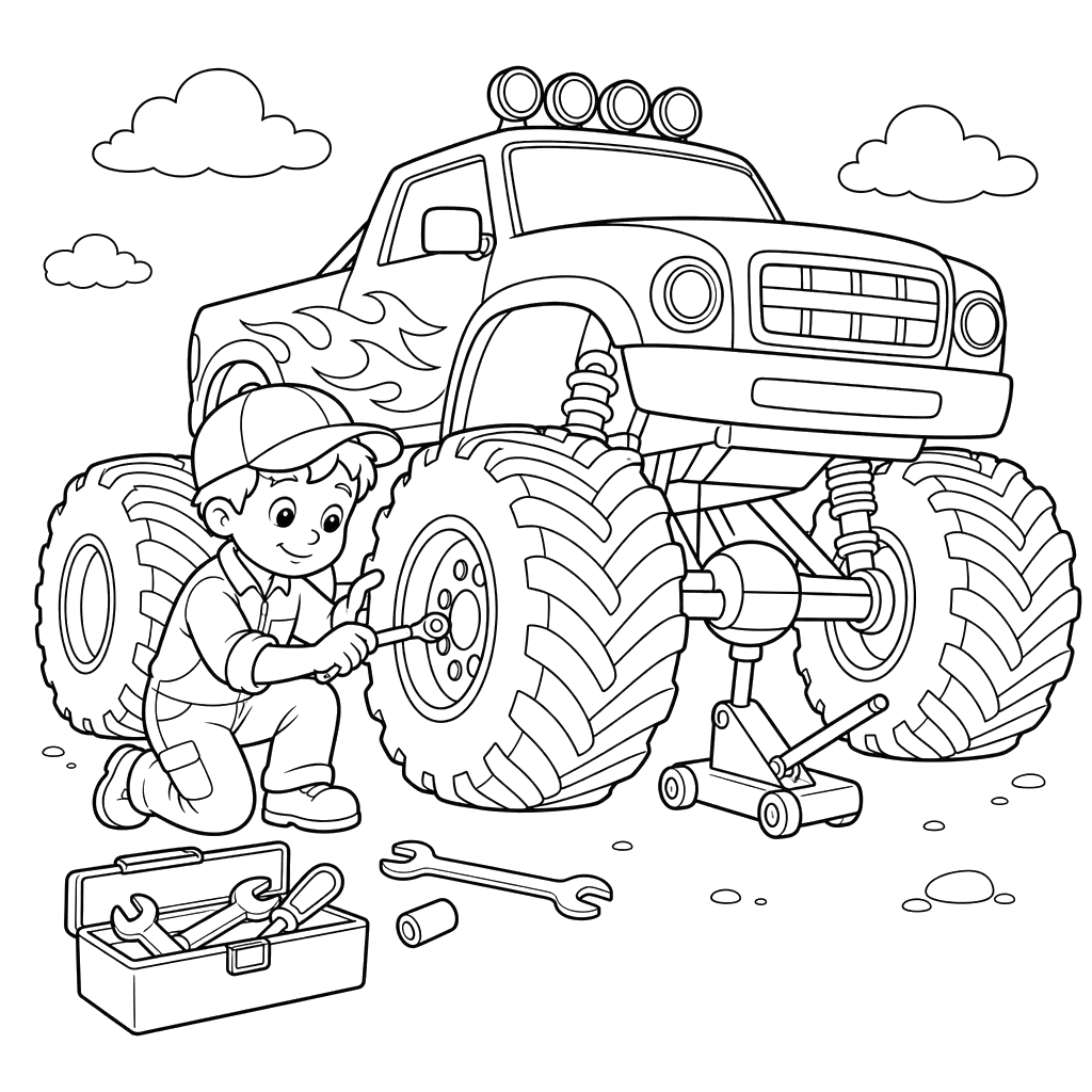 Monster Truck Mechanic Coloring Page