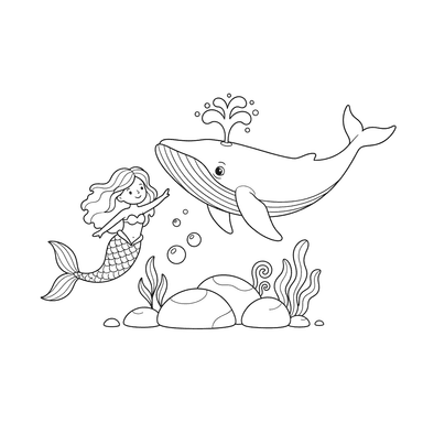 Mermaid and Giant Whale Coloring Page