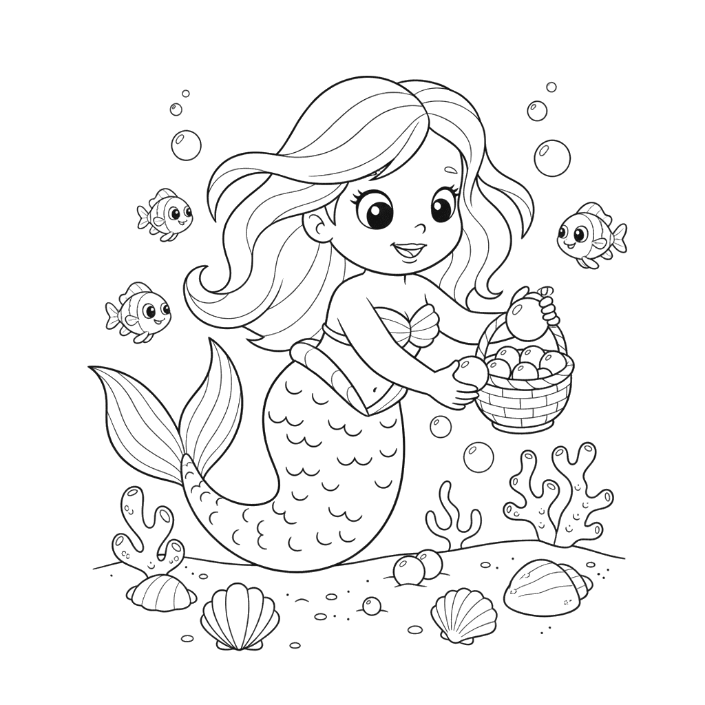 Mermaid Collecting Pearls Coloring Page