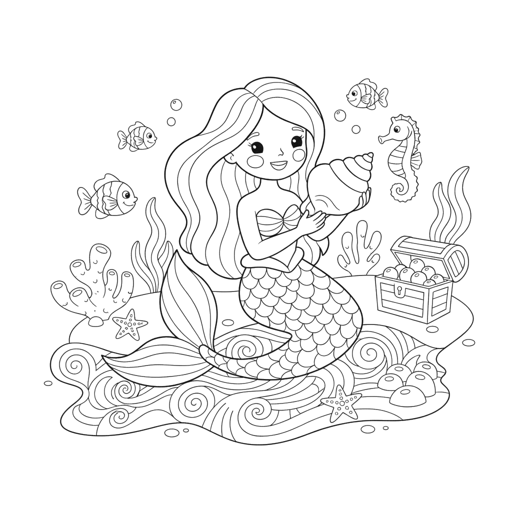 Mermaid Drawing in Sand Coloring Page