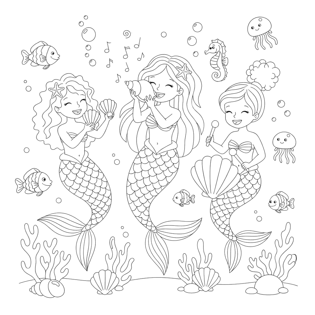 Mermaid Underwater Party Coloring Page