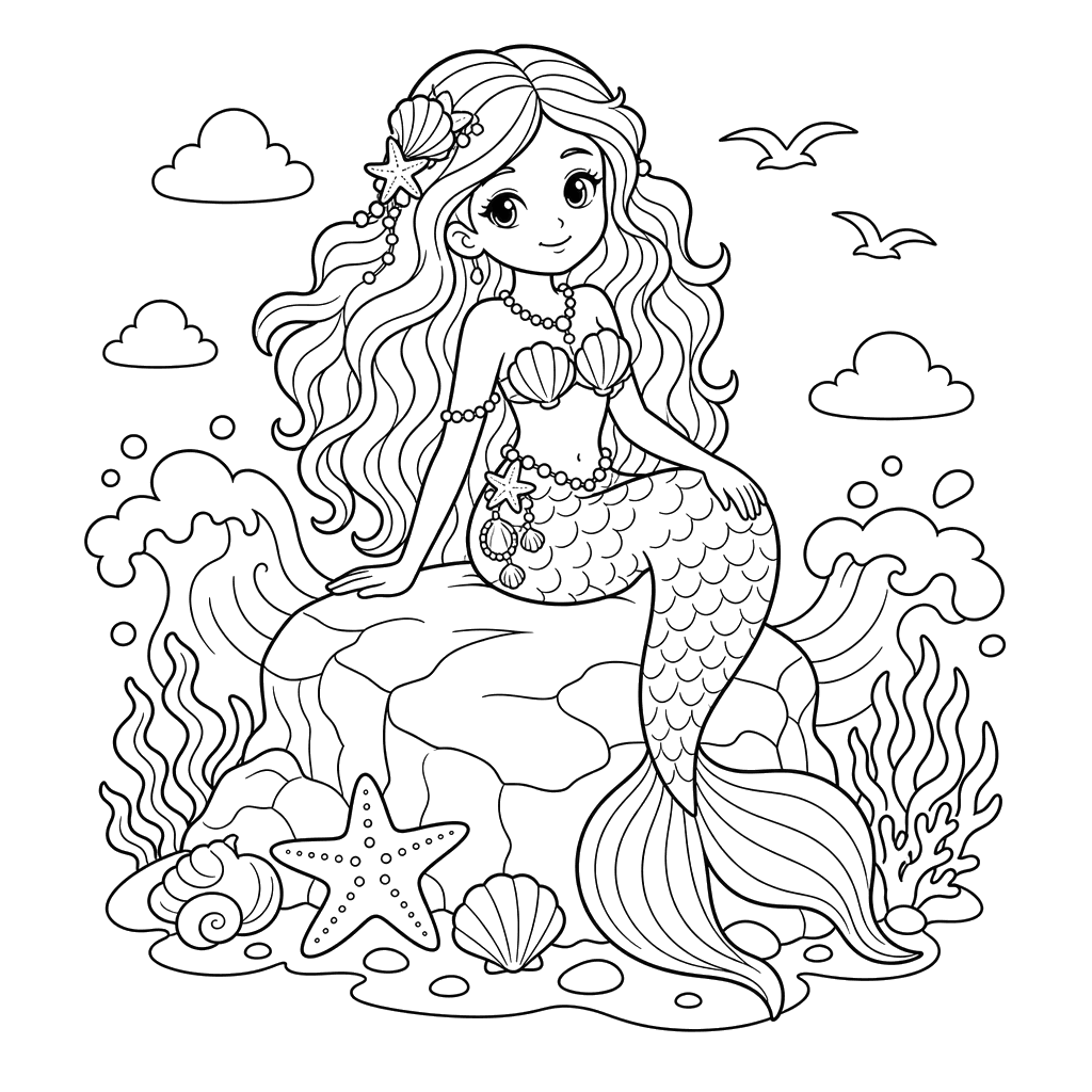 Mermaid on a Rock Coloring Page