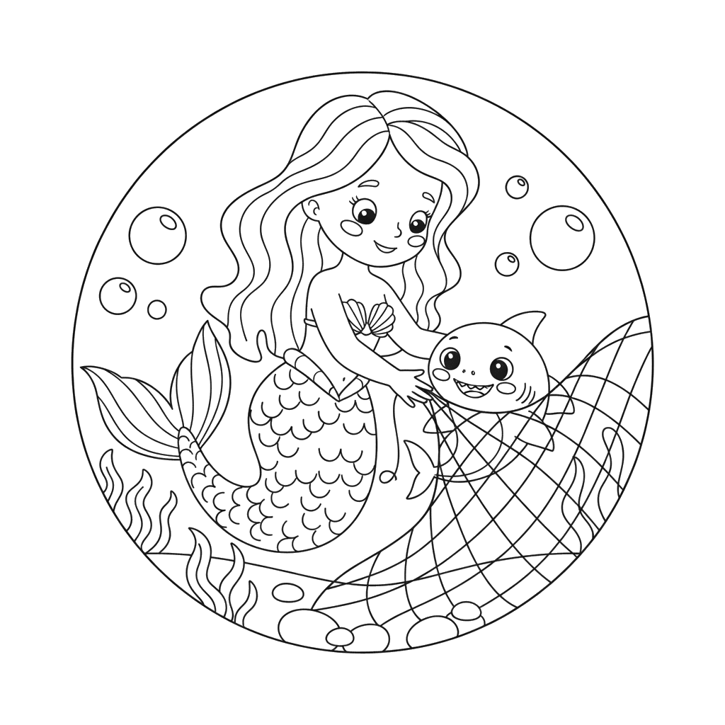 Mermaid Rescues Little Shark Coloring Page