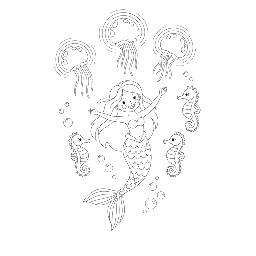Mermaid and Seahorses Dance Coloring Page