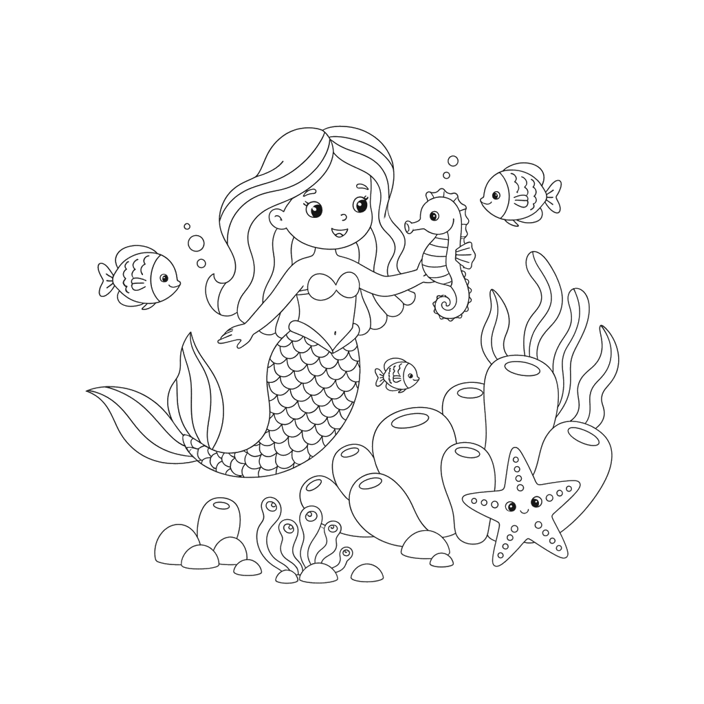 Mermaid and Seahorse Swim Coloring Page