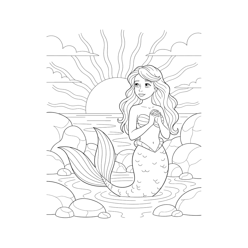 Mermaid Sunset Coloring Page