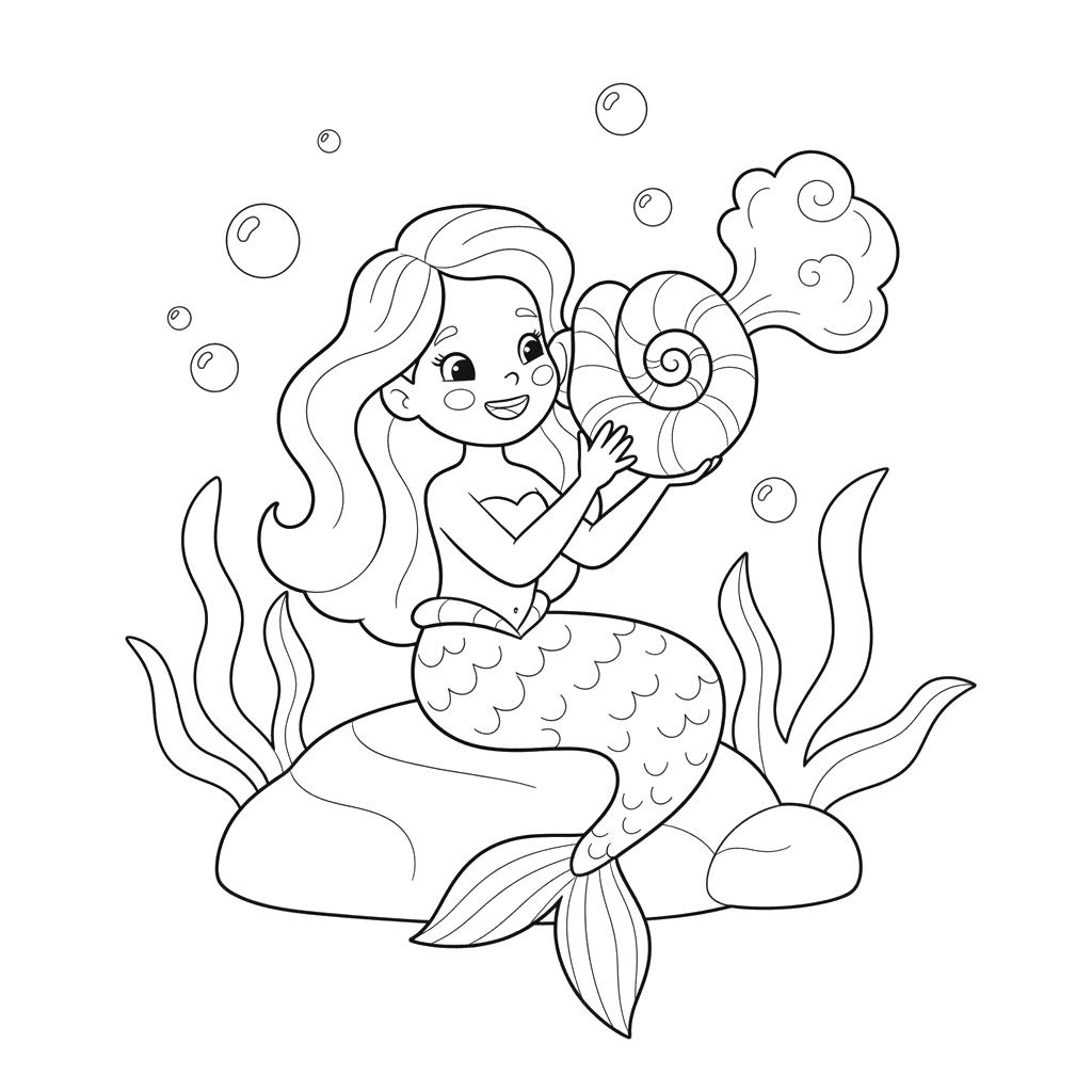 Mermaid and Whispering Seashell Coloring Page