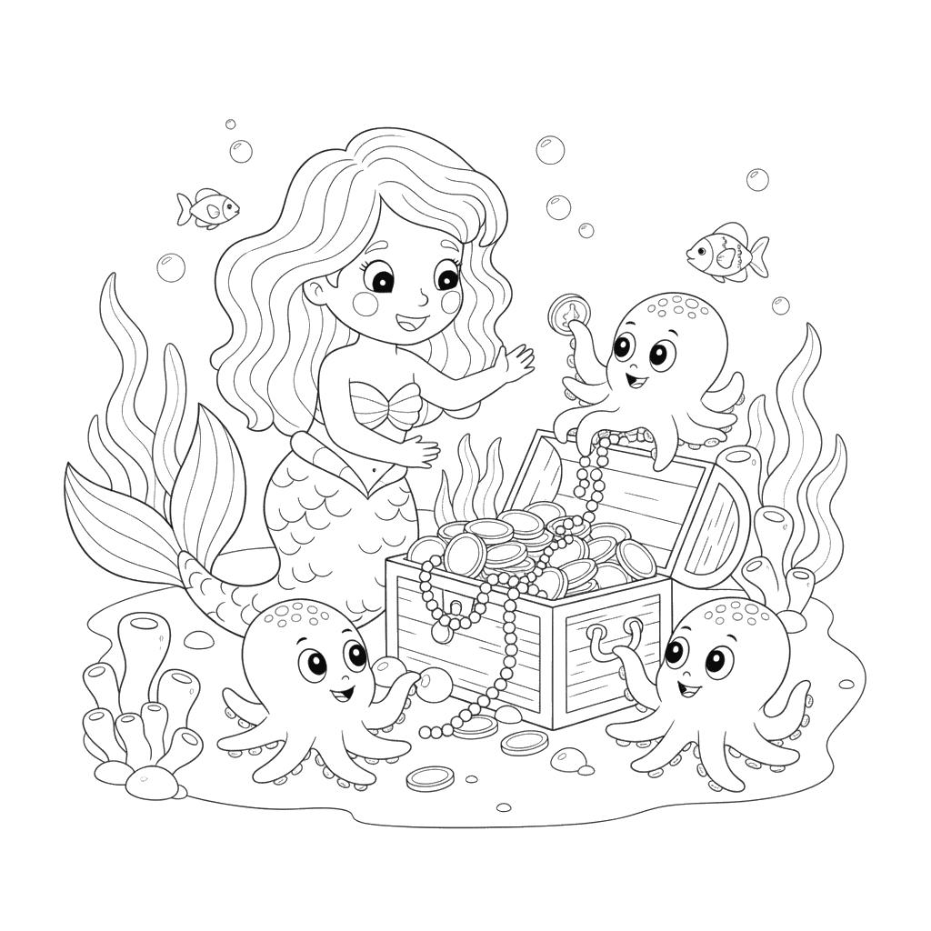 Mermaid Finding Treasure Chest Coloring Page
