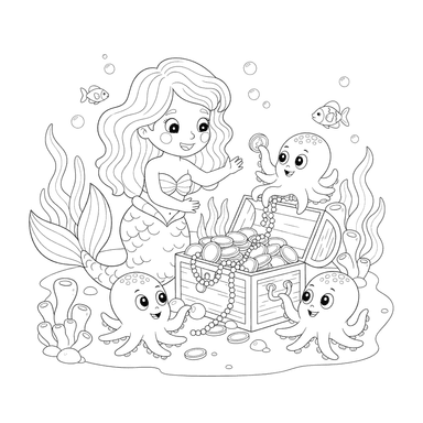 Mermaid Finding Treasure Chest Coloring Page