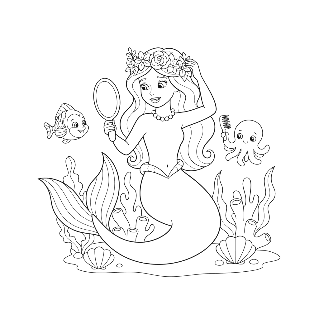 Mermaid Getting Ready Coloring Page