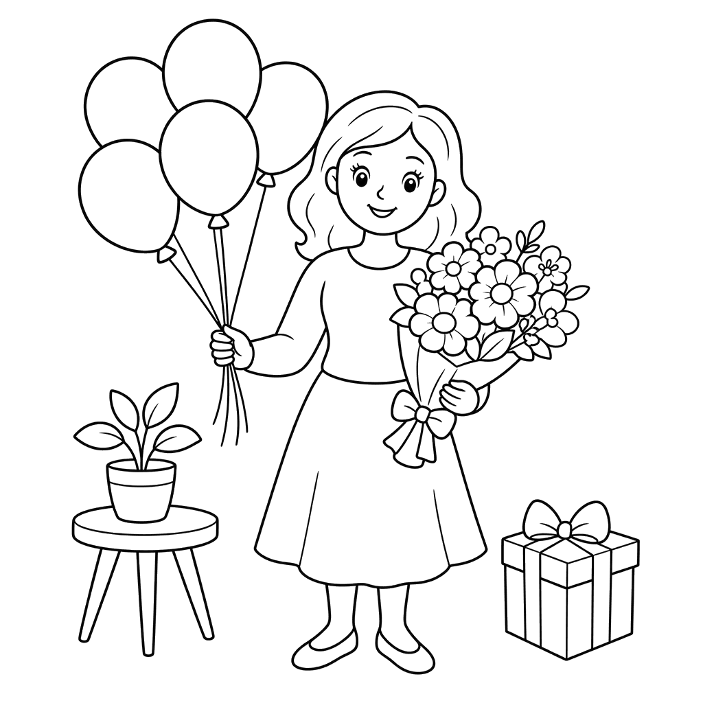Mom Holding Balloons and Bouquet