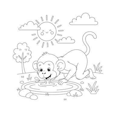 Cute Monkey Drinking from a Puddle