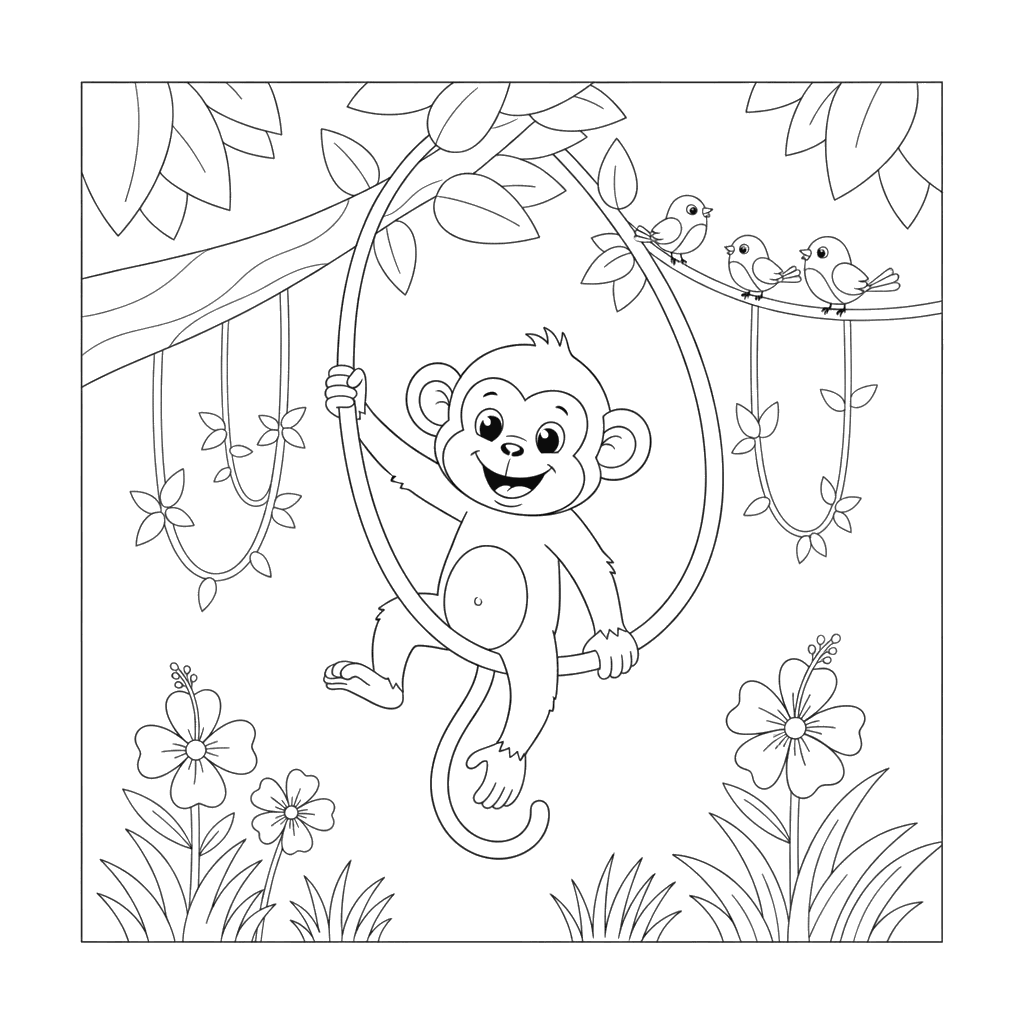 Monkey Swinging on Liana Coloring Page