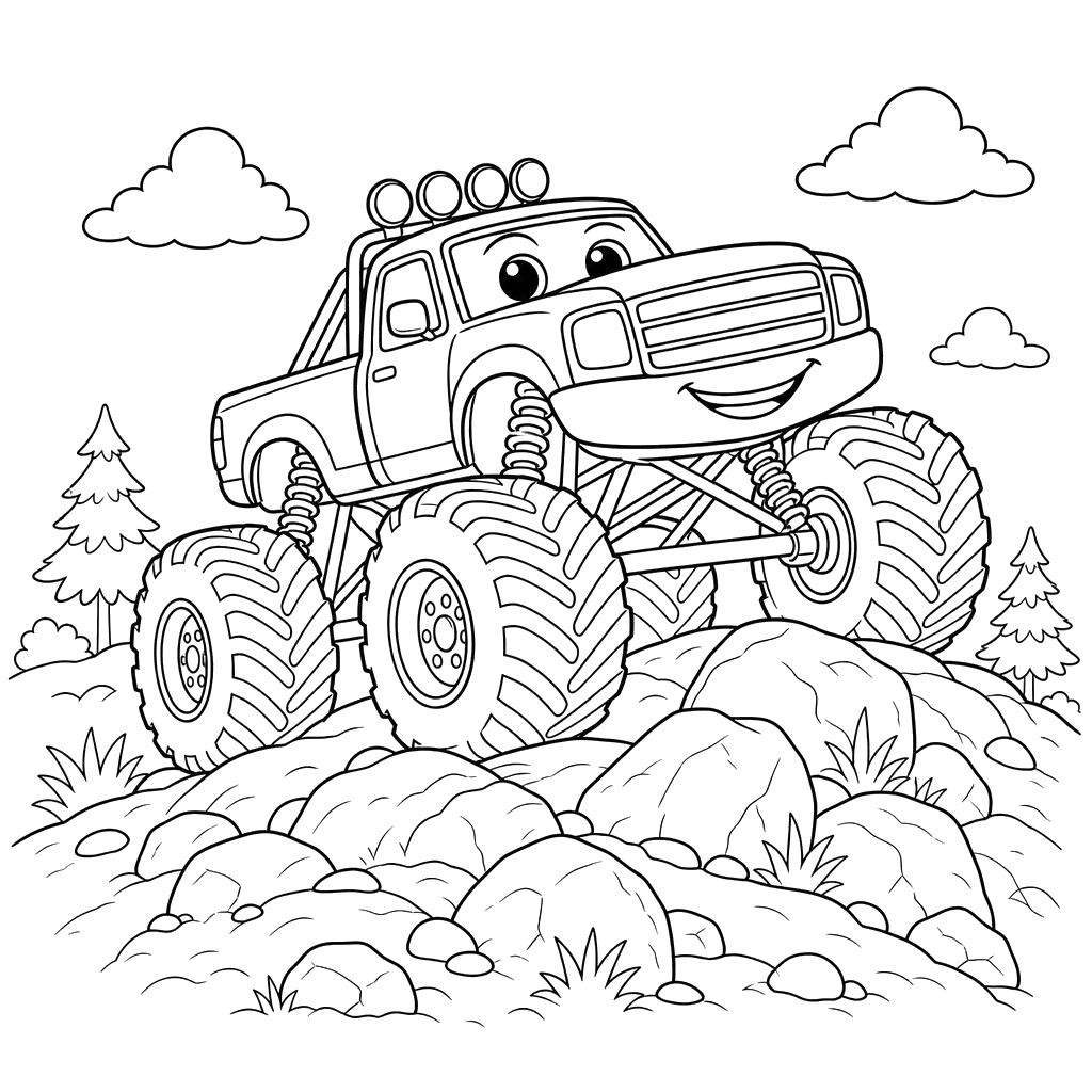 Monster Truck on Rocky Hill Coloring Page