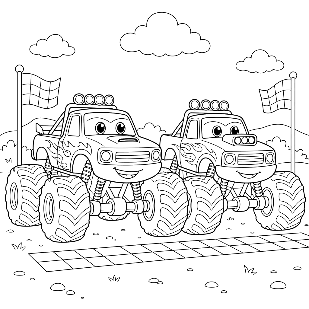 Monster Trucks Race Starting Line Coloring Page
