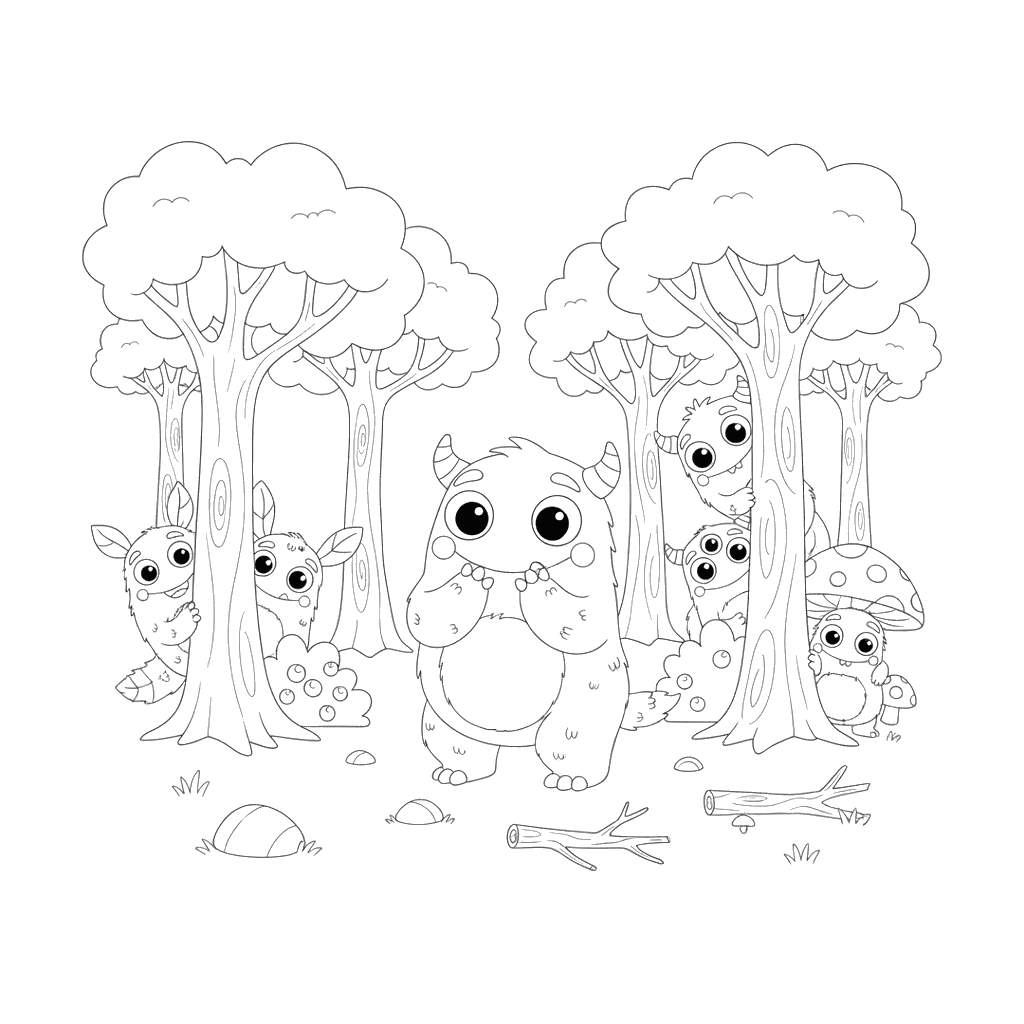 Monsters Playing Hide-and-Seek in the Forest Coloring Page