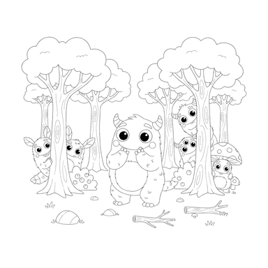 Monsters Playing Hide-and-Seek in the Forest Coloring Page