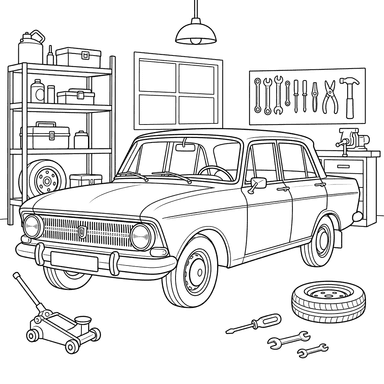 Moskvich Car in a Garage Workshop — Coloring Page