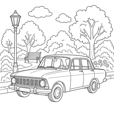Moskvich Car Parked Near a Park — Coloring Page