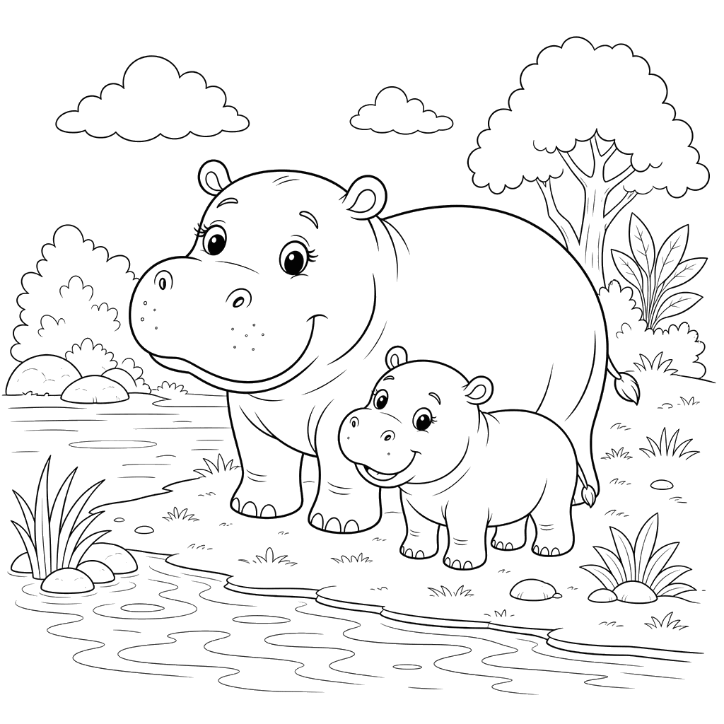 Mother Hippo and Baby by the River