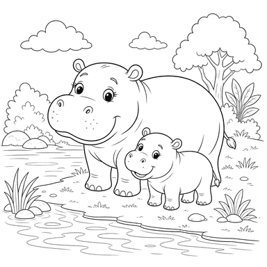 Mother Hippo and Baby by the River