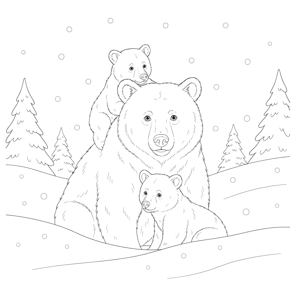 Mother Bear and Cubs in Snow Coloring Page