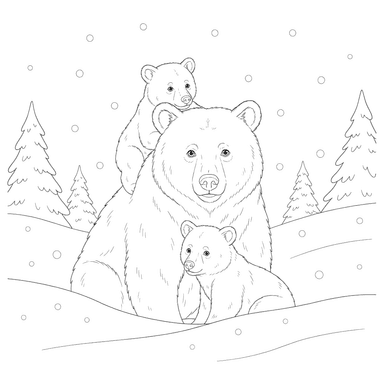 Mother Bear and Cubs in Snow Coloring Page
