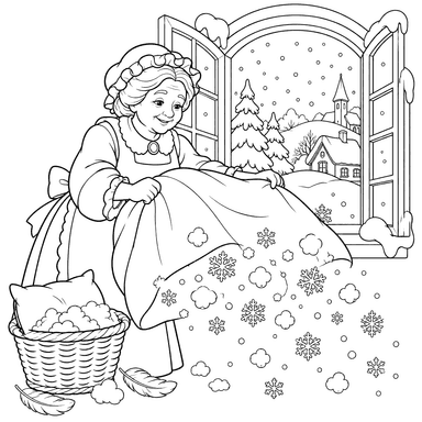 Mother Holle at the Snowy Window Coloring Page