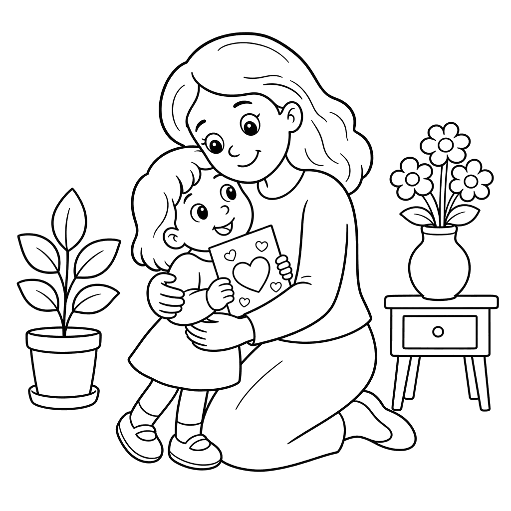 Mother Hugging Child with Card