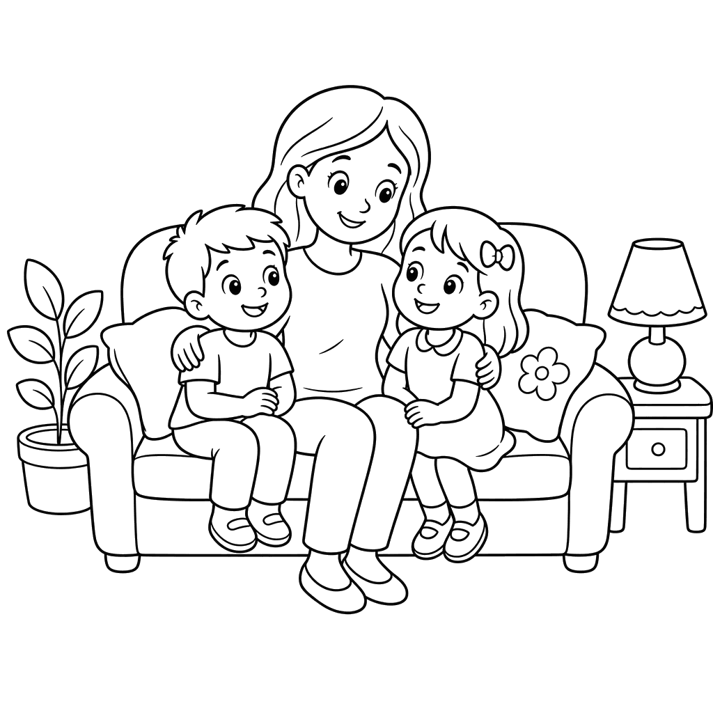 Mom on the Sofa with Children