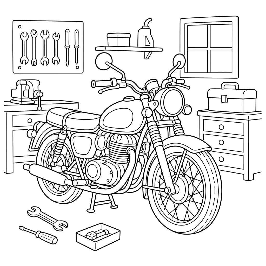 Motorcycle in Garage Coloring Page