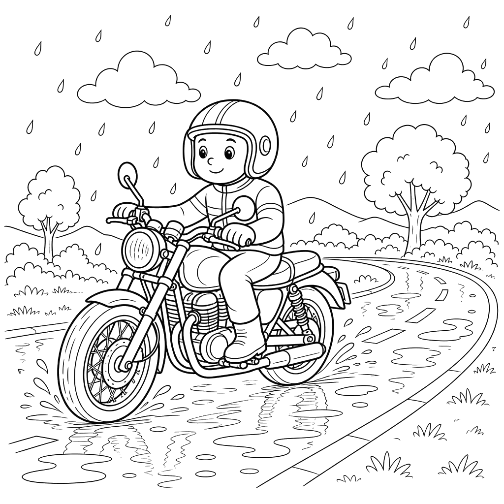 Motorcycle in the Rain Coloring Page
