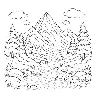 Mountain Landscape with Mountain Stream Coloring Page