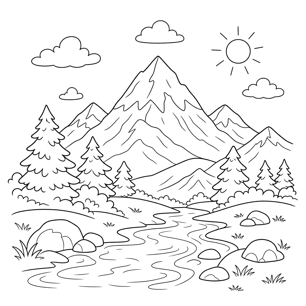 Mountain Landscape with Snowy Peaks Coloring Page