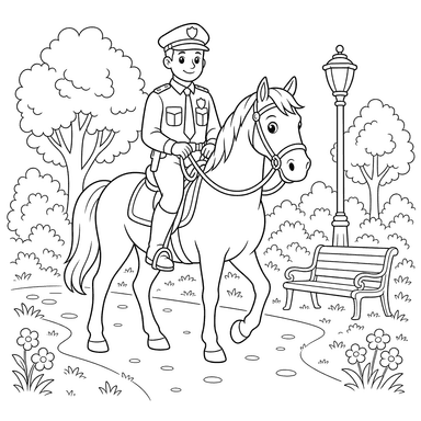 Mounted Police in Park Coloring Page