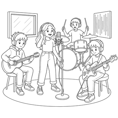 Music Band in Recording Studio Coloring Page