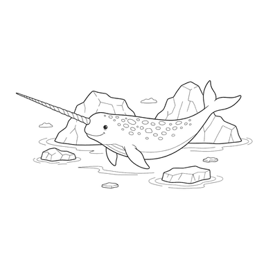 Narwhal Swimming Among Icebergs Coloring Page