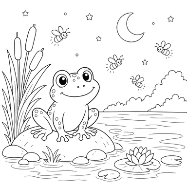 Night frog on the shore with fireflies coloring page
