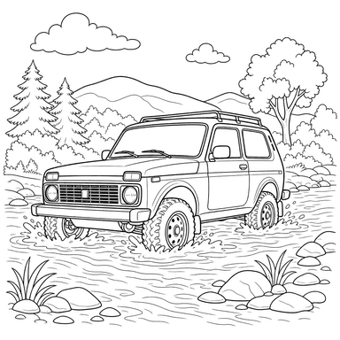Niva Crossing a Ford — Coloring Page