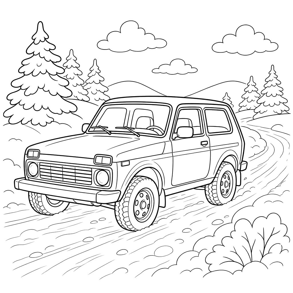 Niva on a Snowy Road: Coloring Page