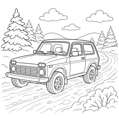 Niva on a Snowy Road: Coloring Page