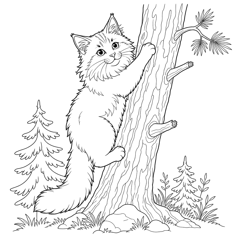 Norwegian Forest Cat Climbing a Tree